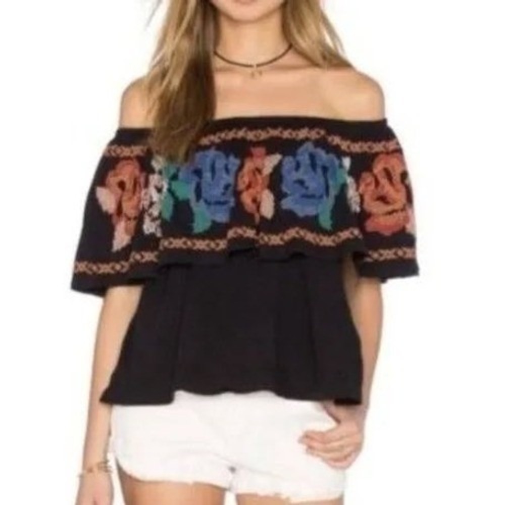 Free People Black Embroidered Off The Shoulder‎ Peasant Top Size S Boho Festival